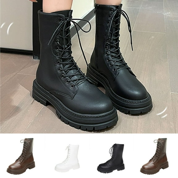 Hinvhai Women's Lace Up Ankle Boots Leather Riding Combat Boots Lug Sole Mid Calf Boot White 9.5(43)