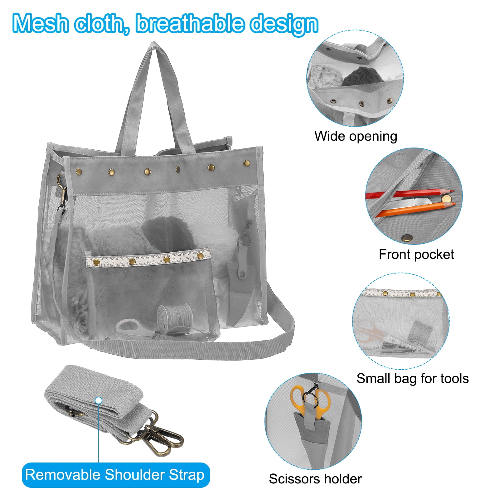 Uxcell Crochet Bag for Yarn Storage, Large Size Knitting Organizer Detachable Mesh Yarn Case Holder with Strap, Gray