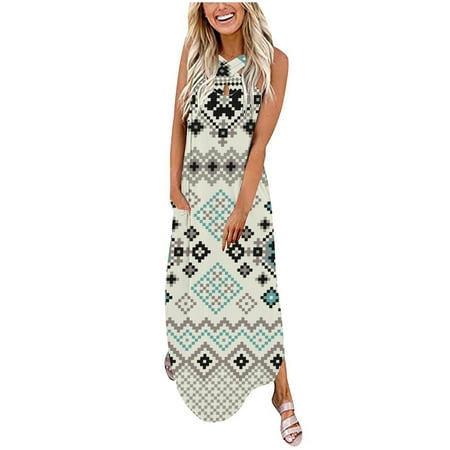 

YanHoo Women s Casual Maxi Dresses Sleeveless Round Neck Vest Dress Summer Beach Print Holiday Tank Dress