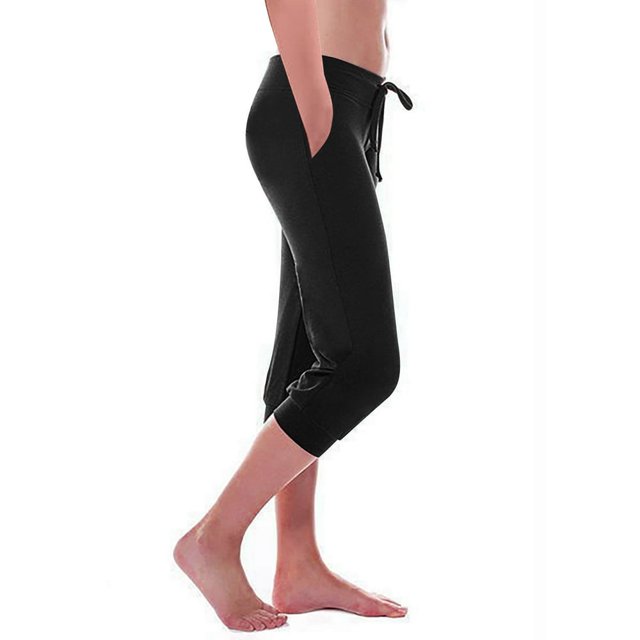 JUNWELL Womens Capri Yoga Pants Stretch Drawstring Casual Comfy Joggers Plus Size Workout Cropped Pants with Pockets