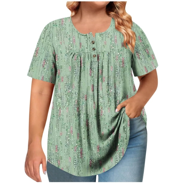 Tops de Tamaño Más de las Mujeres, Manga Corta de Tamaño Más, Cuello Redondo Botón Arriba Plisado Superior