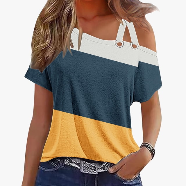 UPPADA Chemises d'Été Tendance pour Femmes Col Rond Épaules Dénudées Hauts Couleur Unie Mode Décontractée Ajustée pour Entraînement Marine,P