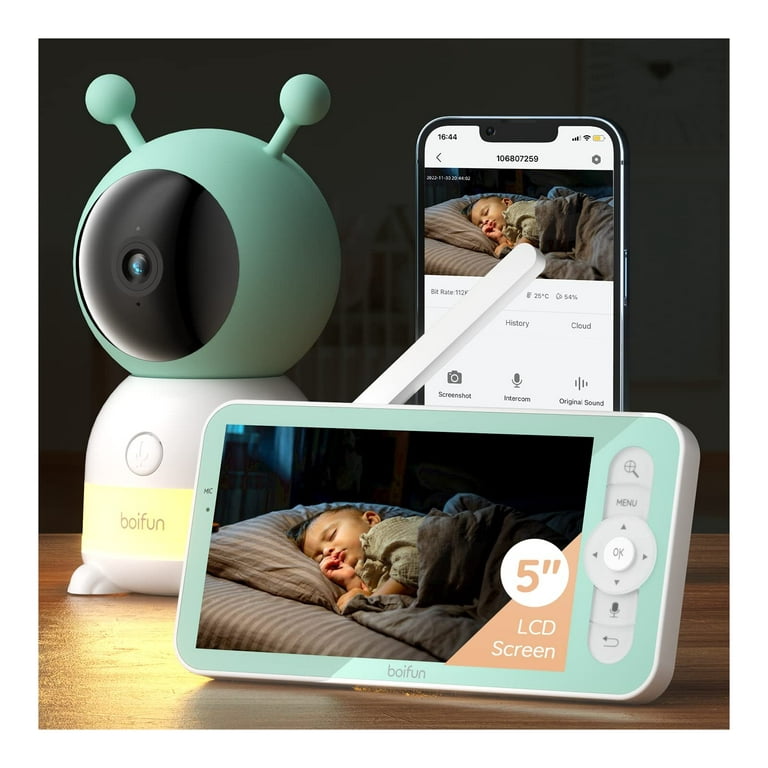  BOIFUN Monitor inteligente de bebé de 5 pulgadas, cámara de bebé  WiFi 2K a través de pantalla y control de aplicación, sensor de temperatura  y humedad, visión nocturna, conversación bidireccional, 