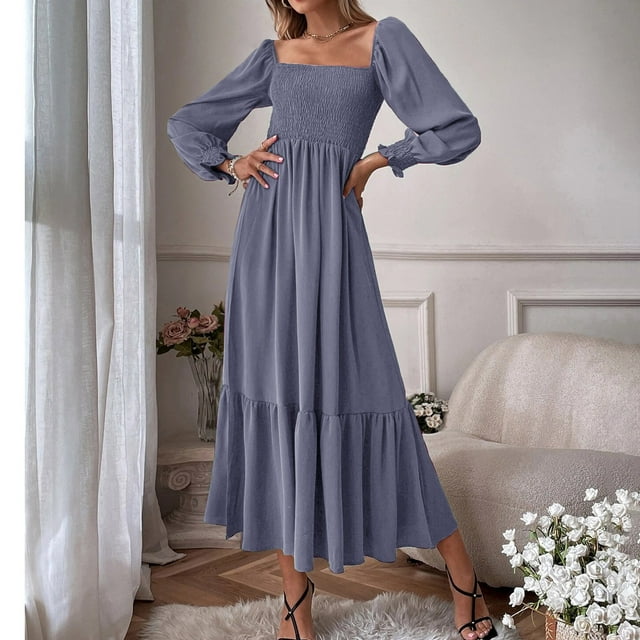 EQWLJWE Women's 2023 Fall Ruffle Tiered Dress Women Maxi Dress Square Neck Long Puff Sleeve Backless Boho Ruffle Flowy Long Dresses
