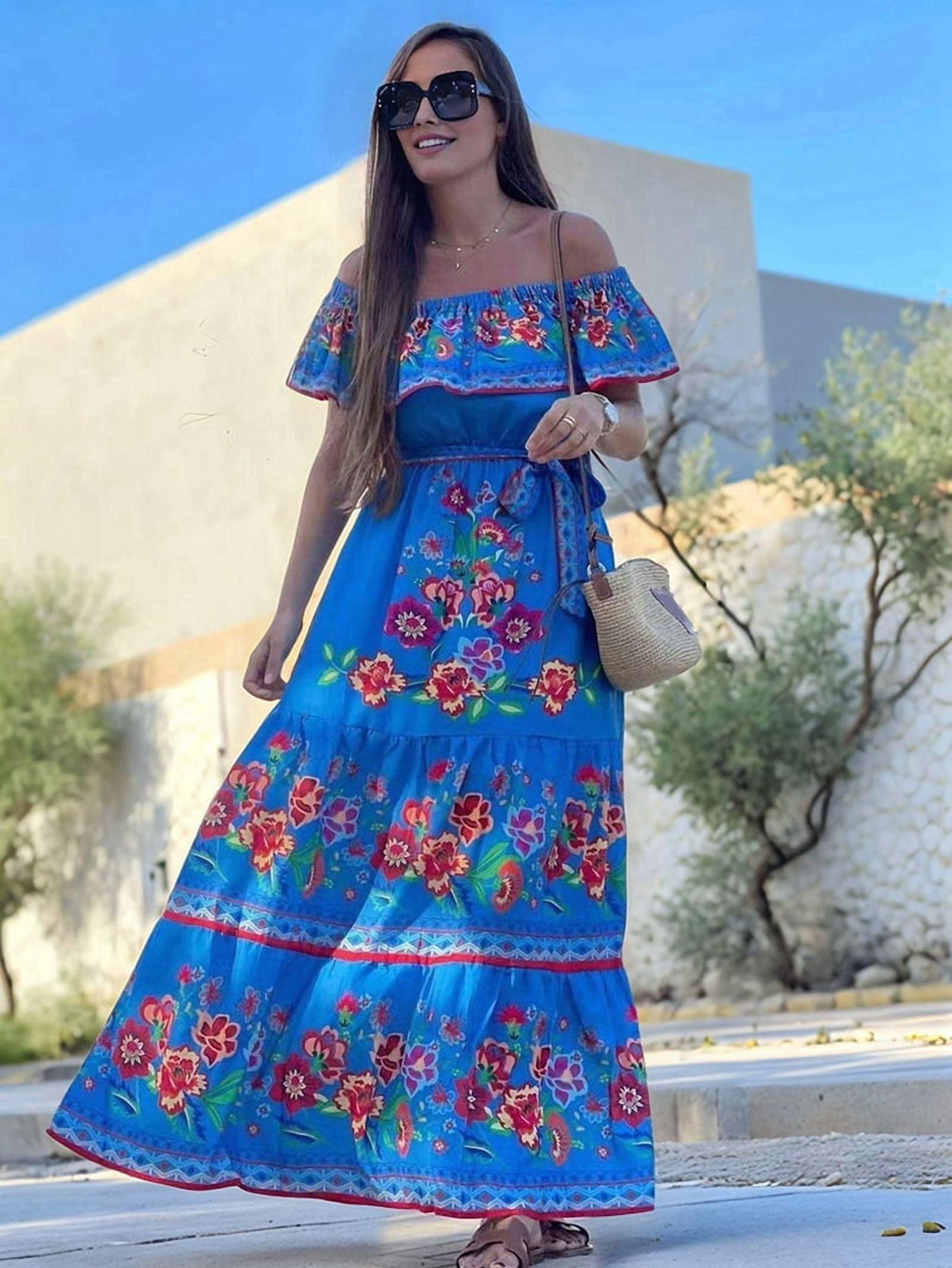 Women'S Mexican Dress Summer Floral Print Off the Shoulder Sleeveless Beach Long Maxi Dress Blue XXL