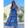 thumbnail image 5 of Women'S Mexican Dress Summer Floral Print Off the Shoulder Sleeveless Beach Long Maxi Dress Blue XXL, 5 of 7
