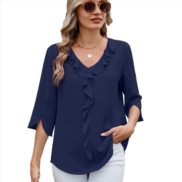 Blusas Informales Elegantes para Mujer, con Mangas 3/4, Cuello en V y Volantes, Azul Marino, Talla S