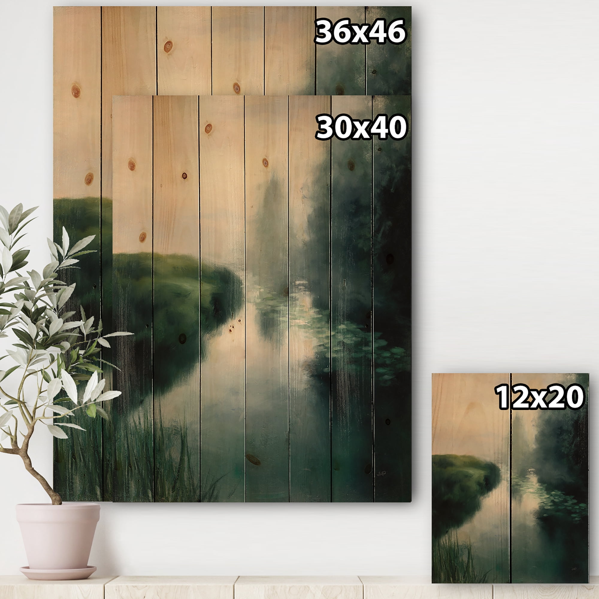 Designart 'Twilight Fog Lakeshore at Dawn' Landscape & Nature Print on Natural Pine Wood