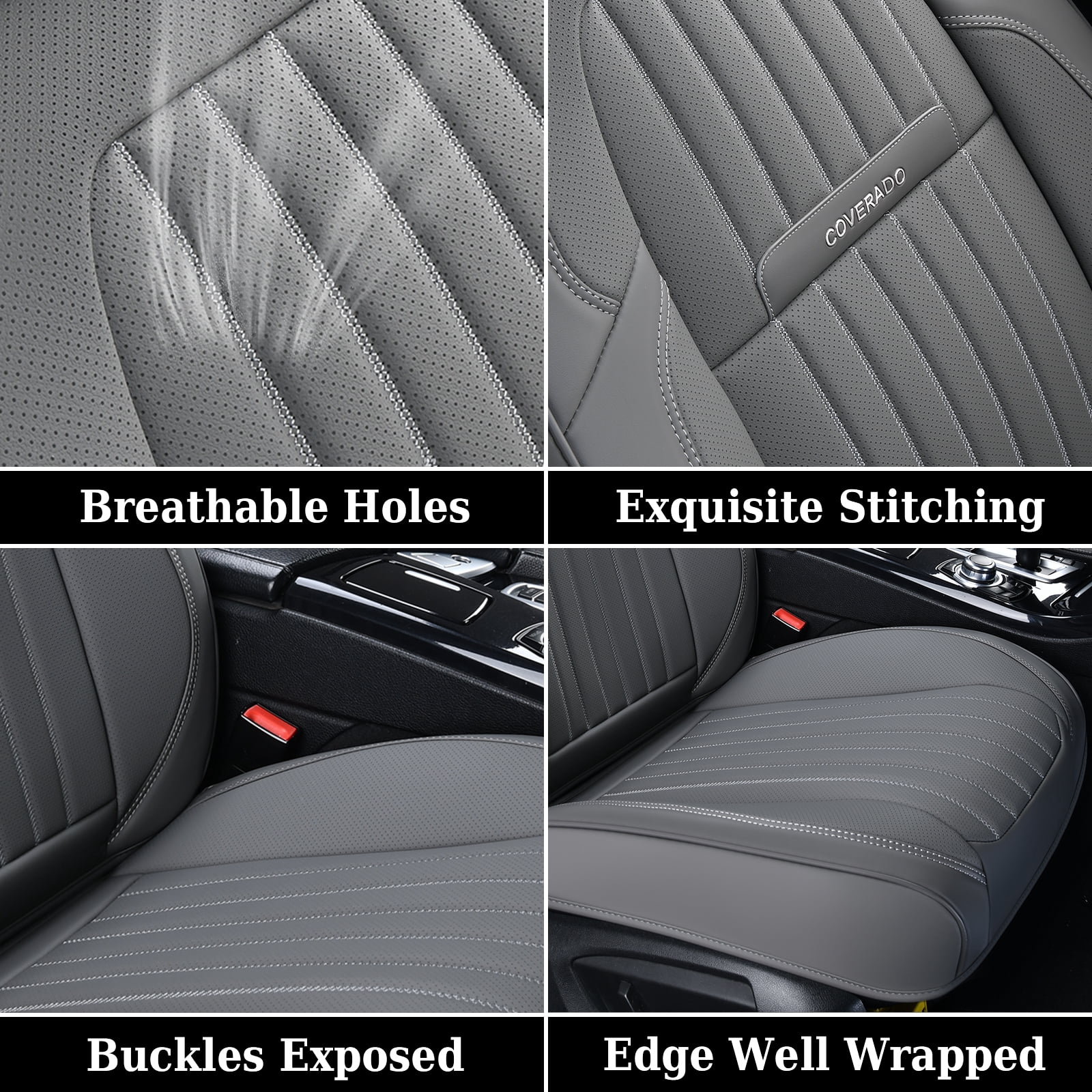 Coverado Car Seat Covers 2 Seats, Waterproof Faux Leather Front Seat Protectors, Auto Interior Cushions Universal Fit for Most Cars, Gray