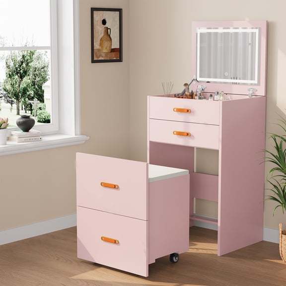 Kicctian Space-Saving Mini Vanity Set with 3-Mode Lights & Rolling Chair - Small Dressing Table for Rooms & Apartments,Pink