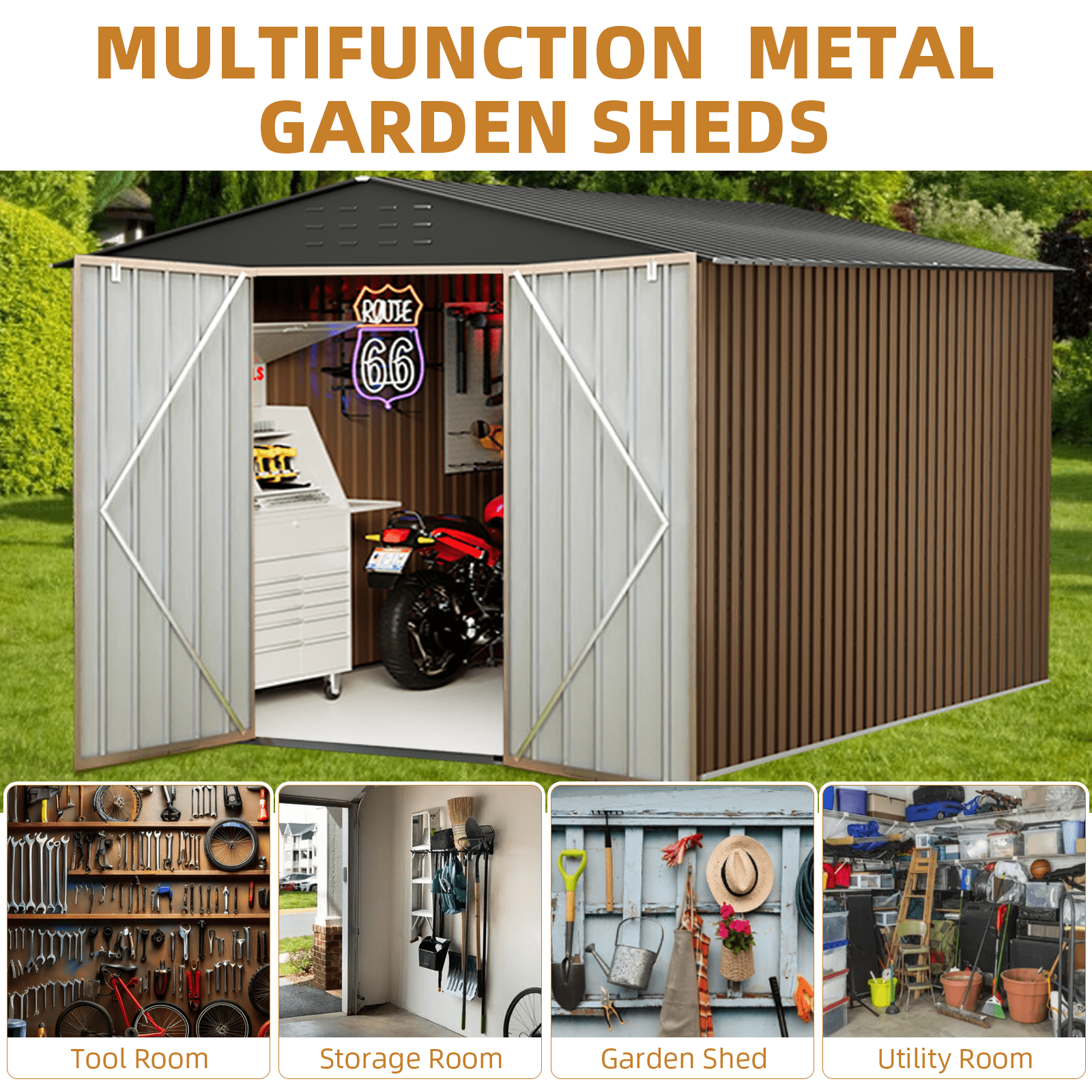 Tzou 8x12FT Metal Garden Shed w/Lockable Doors & Sloped Roof – Reinforced Galvanized Steel Tool/Bike Storage for Backyard, Patio, Poolside (Weather-Resistant)