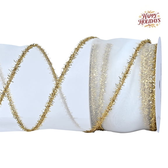 White/Gold Edged Cloth Christmas Ribbon, 10 Yards x 2.48 Inches, Wired Edge, for Gift Wrapping, Wreath, Tree Decor