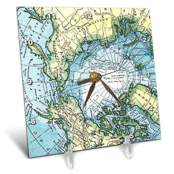 3dRose Vintage map of the North Pole polar cap Russia Northern America Greenland - geography travel theme - Desk Clock, 6 by 6-inch