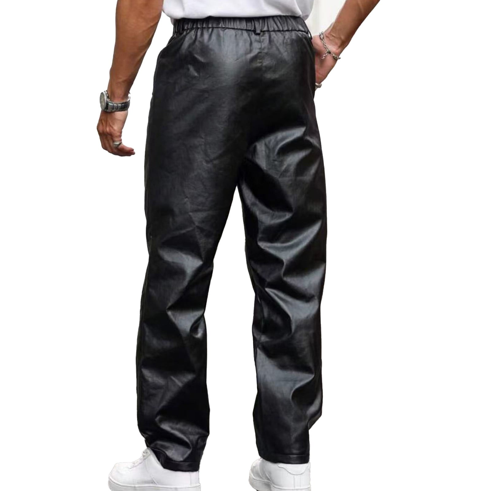 Faux Leather Pants for Men Black Windproof Baggy Straight Leg Trousers Trendy Hip Hop Night Out Pants for Party
