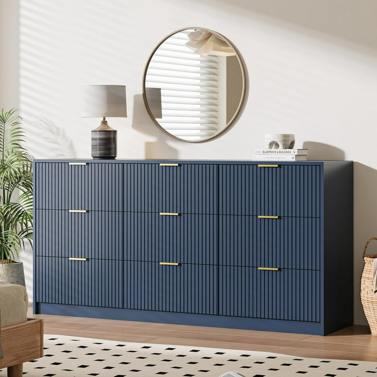 FURNIWAY Blue 9 Drawer Dresser Fluted Modern Wide Chest Gold