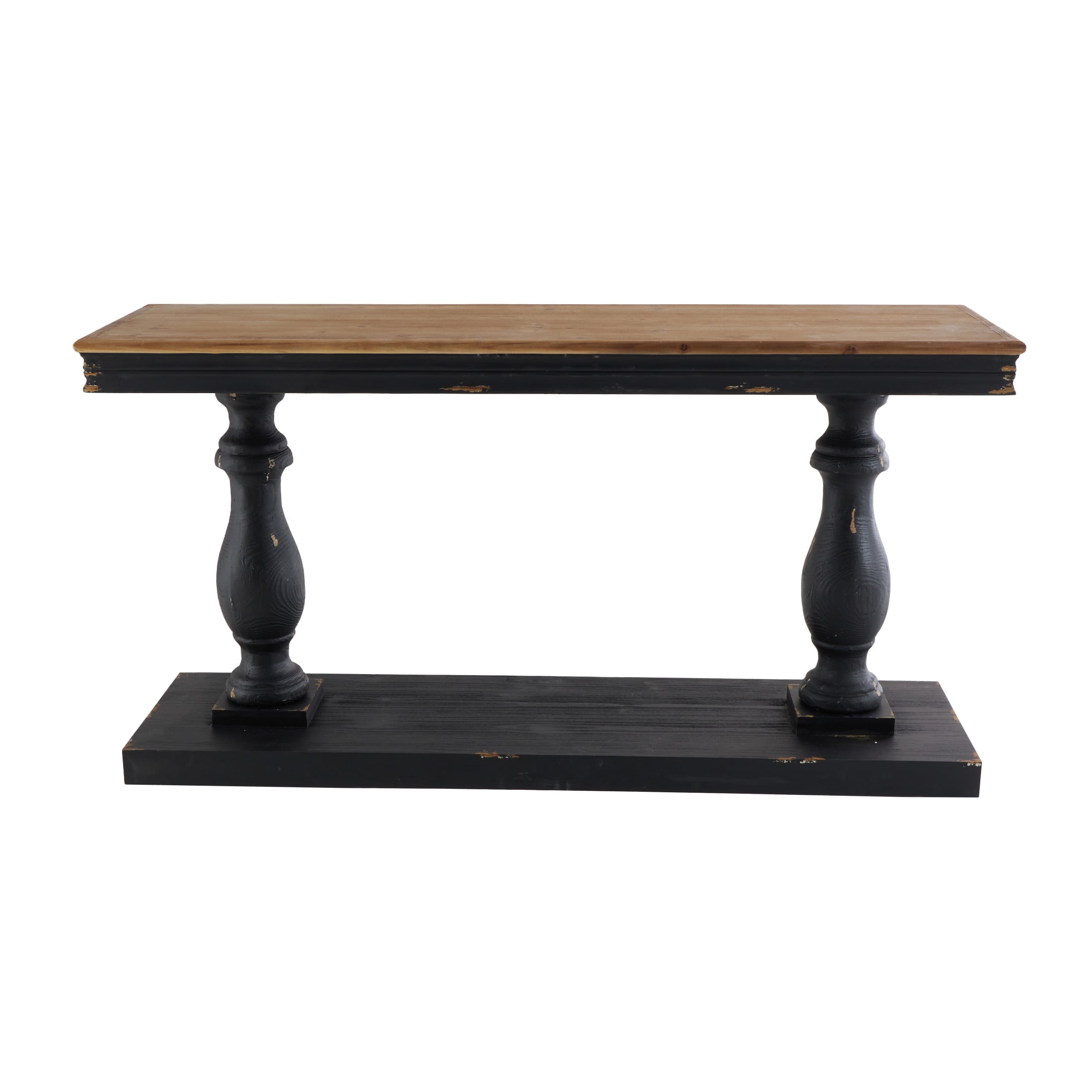 DecMode 59" x 31" Black Wood Distressed Console Table with Brown Wood Top, 1-Piece