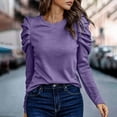 thumbnail image 2 of Lenpel Women's T Shirts Pleated Long Sleeve Crew Neck Solid Color Fleece Warm Dressy Casual Tunic Tops Loose Tee Blouses(Purple,XX-Large), 2 of 7