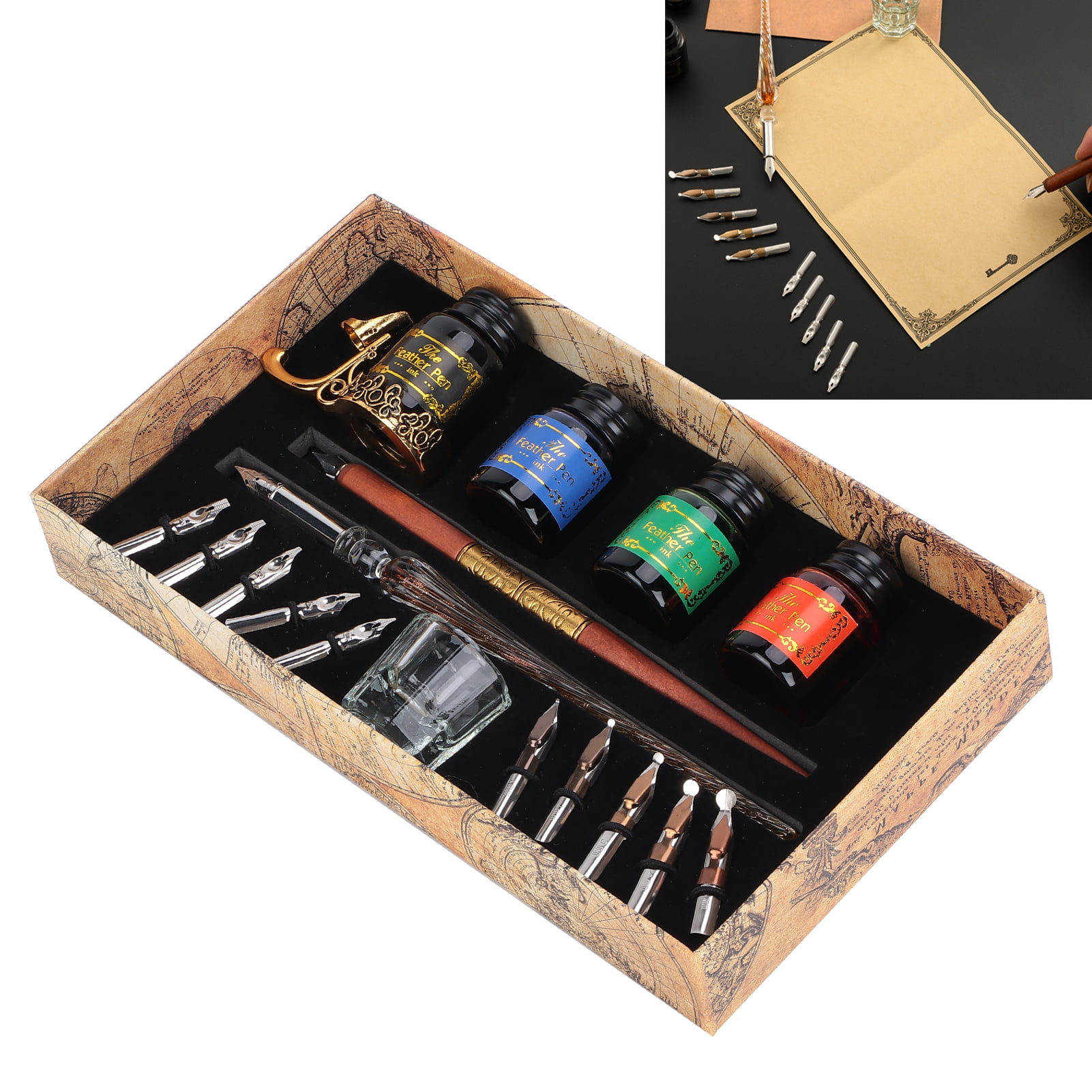 M Buder Dip Pen Kit Flat Round Nibs with Ink Holder for Writing Drawing Calligraphy, SP249045 Fire Color Rod Glass Pen, 9.45 inches / 24 cm length, Vintage English Art Calligraphy Gift Set