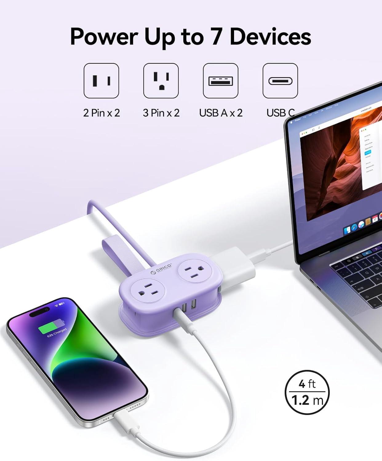 4FT Purple Cruise Approved Travel Power Strip with 4 AC Outlets, 2 USB-A Ports, and 1 USB-C Port, 45° Flat Plug Extension Cord with Non Surge Protector for Travel/Home/Dorm/Office-AP3