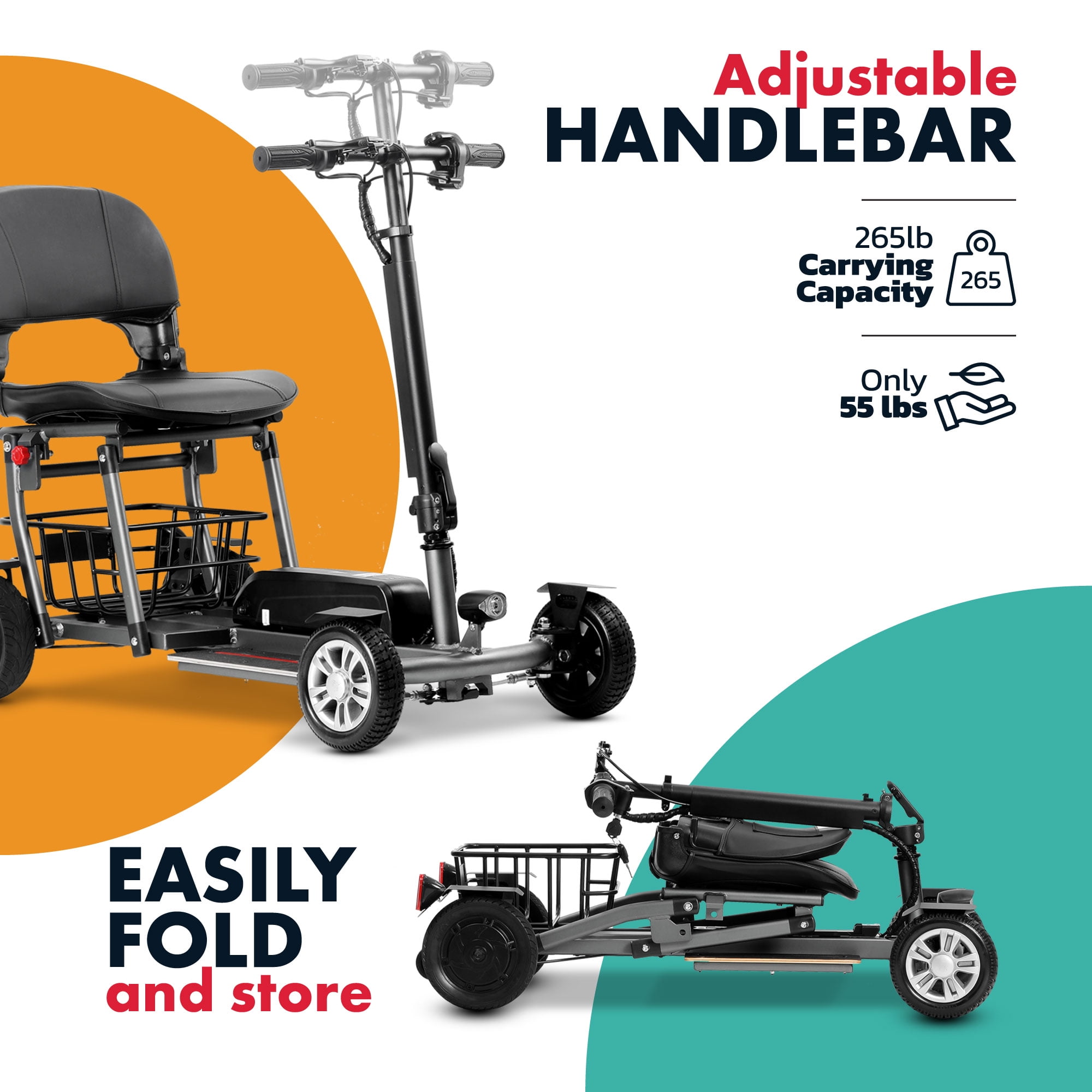 Rubicon FX4 - Lightweight 4 Wheel Foldable Mobility Scooters for Adults and Seniors - Detachable Lithium Battery