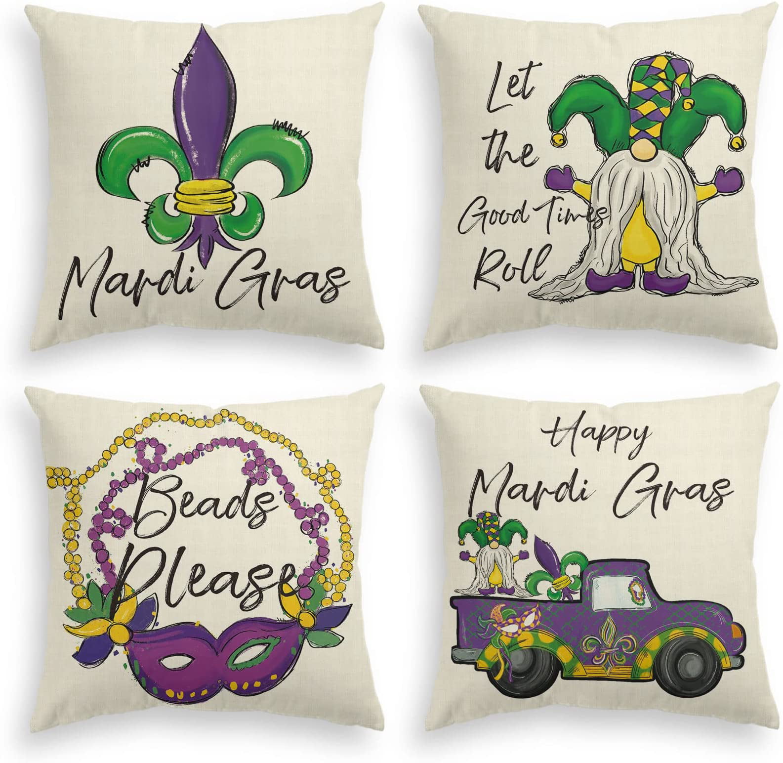 Mardi Gras Throw Pillows 18x18” Cushion Decoration Mask Set of 2 Complete  Ready!
