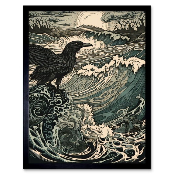 Raven and Crashing Waves Coastal Sunrise Landscape Art Print Framed Poster Wall Decor 12x16 inch