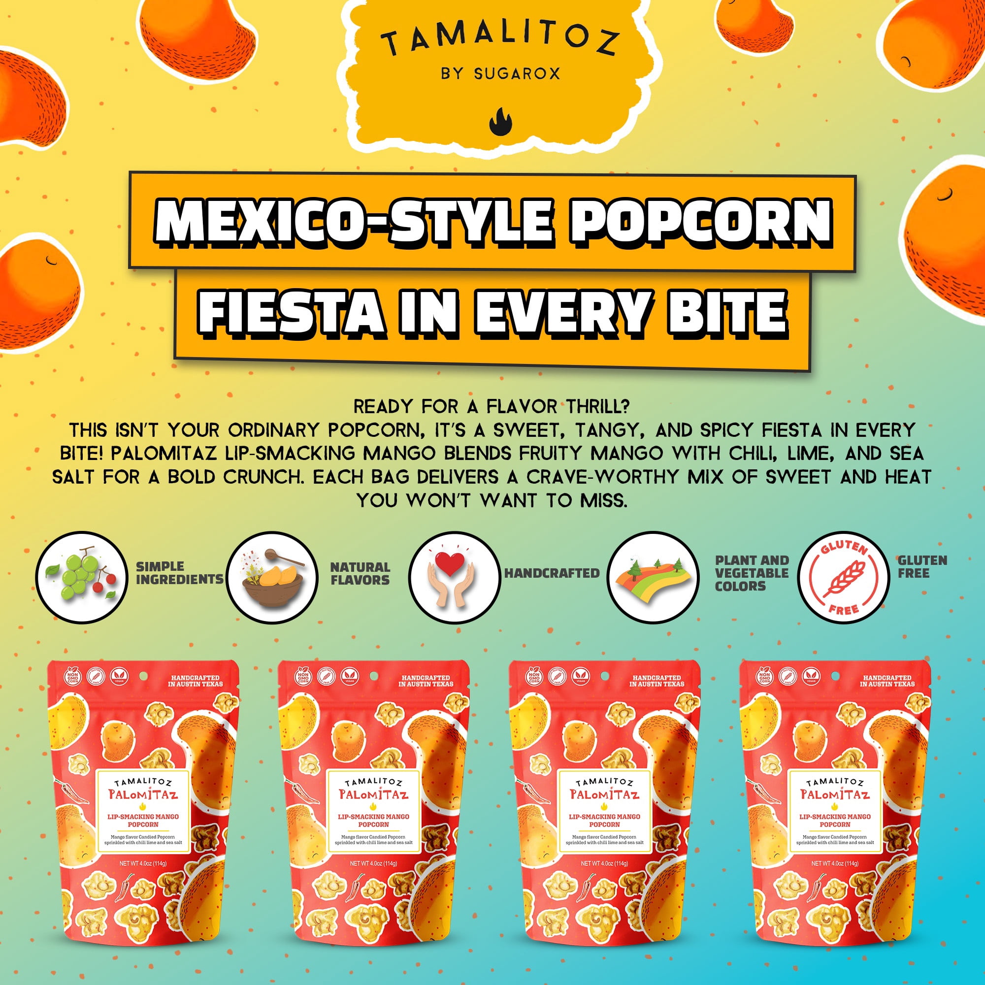 Palomitaz Lip-Smacking Mango Popcorn Sweet & Spicy Mexican-Style Kettle Corn with Mango, Chili, Lime & Sea Salt Fruity Handcrafted Snack, Gluten-Free, Vegan, No Artificial Color, 4 Bags 4oz Each