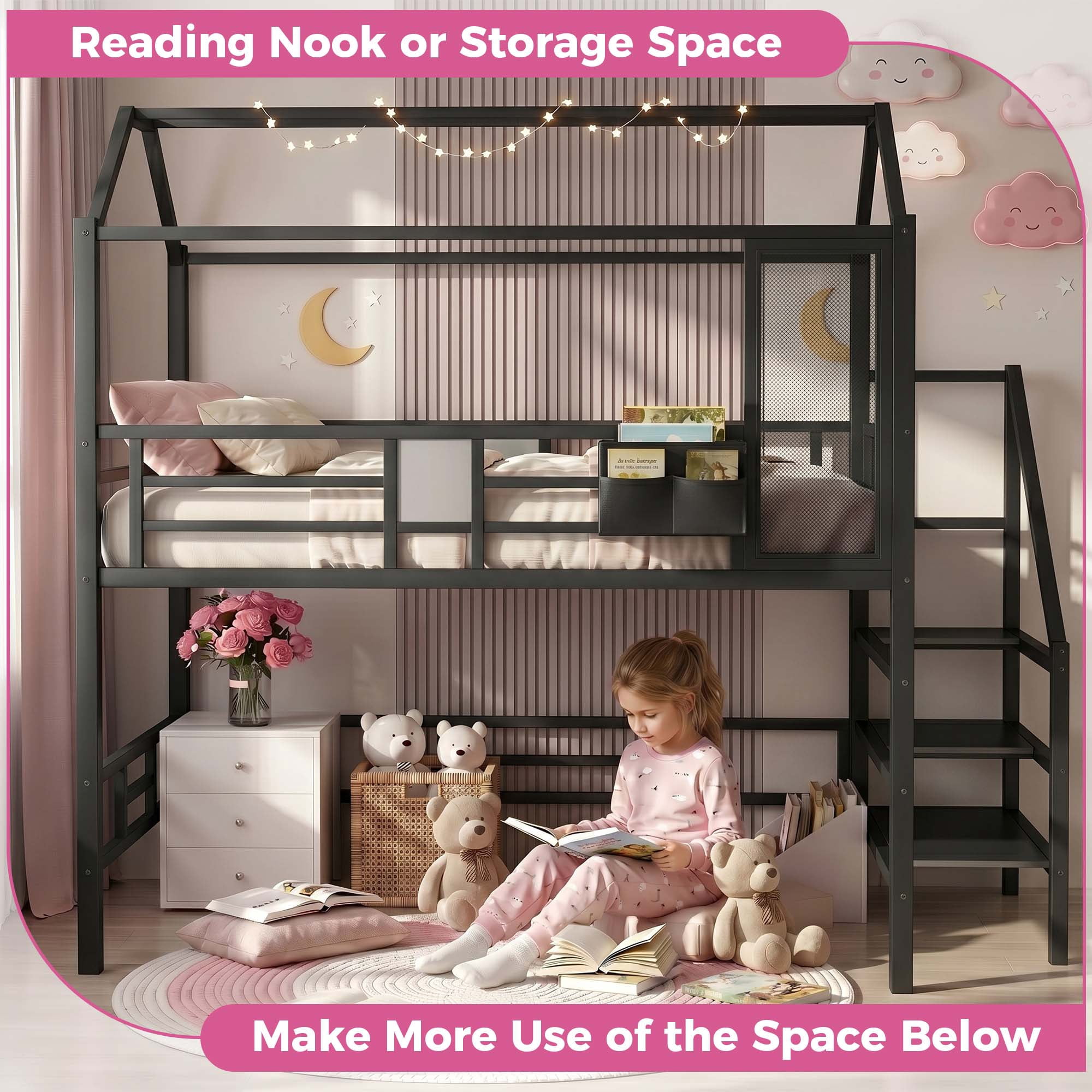 Miniyam Full Size Bunk Bed with Stairs, House Bed Design with Charging Station and Storage Bag Led Light, Black