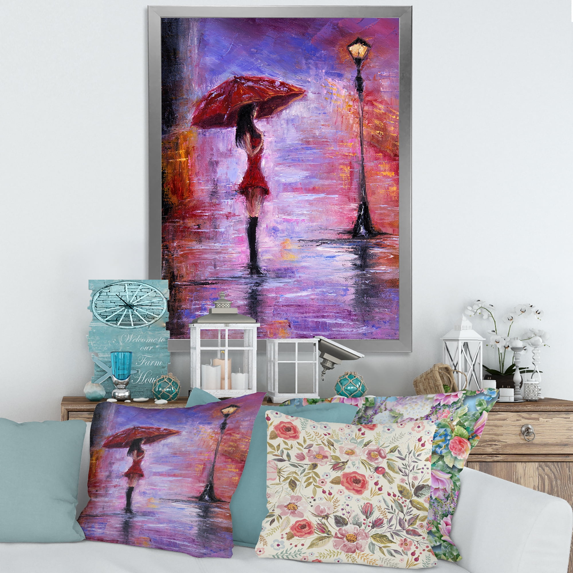 Designart 'The Girl With The Umbrella Walking In The Rain I' French Country Framed Art Print