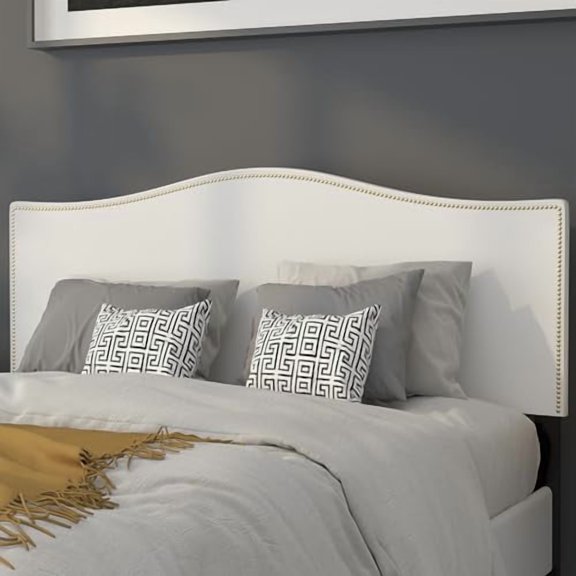 Upholstered Queen Size Headboard with Nailtrim in White Fabric