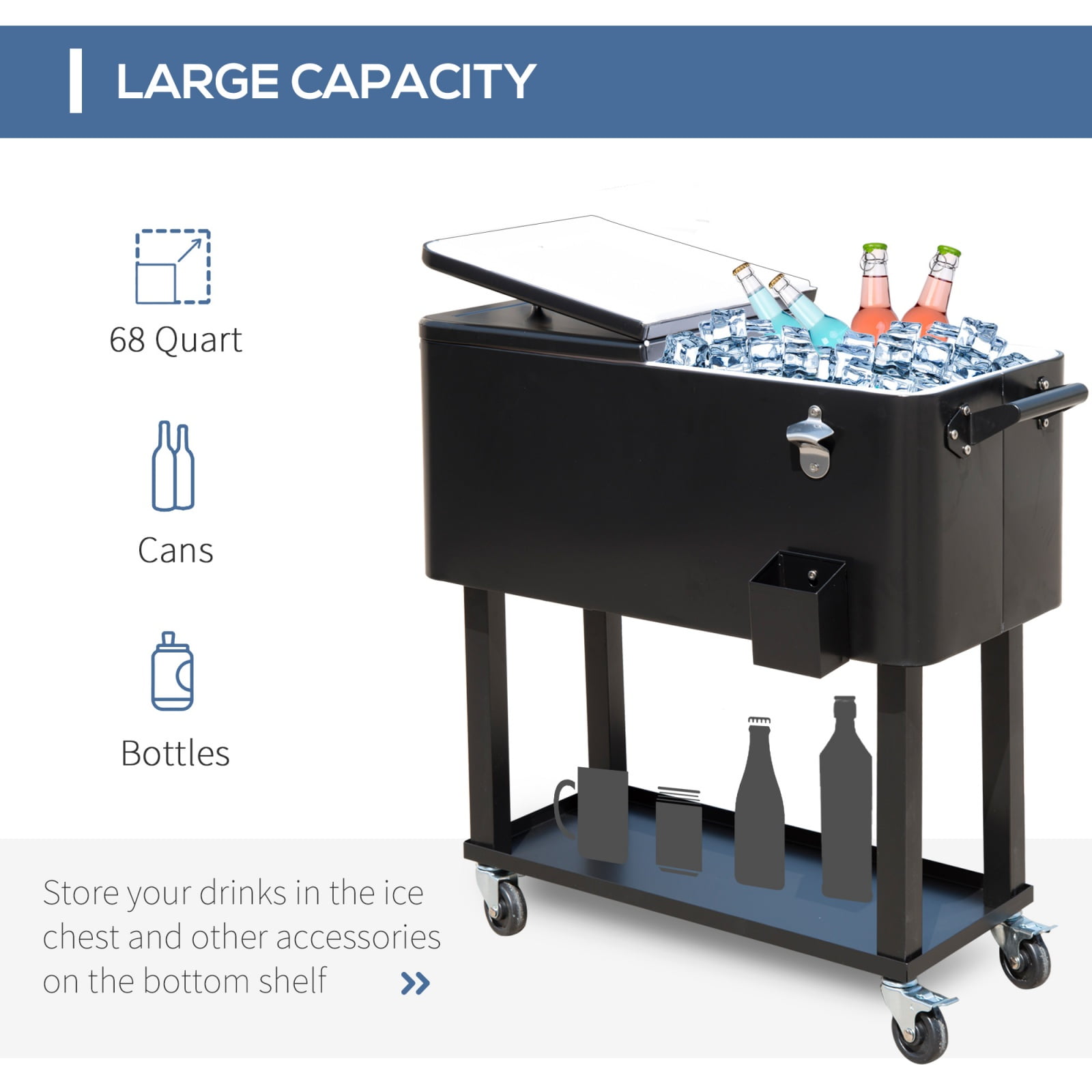 80 QT Rolling Cooling Bins Ice Chest on Wheels, Outdoor Stand-Up Drink Cooler Cart for Parties, Backyard, Poolside