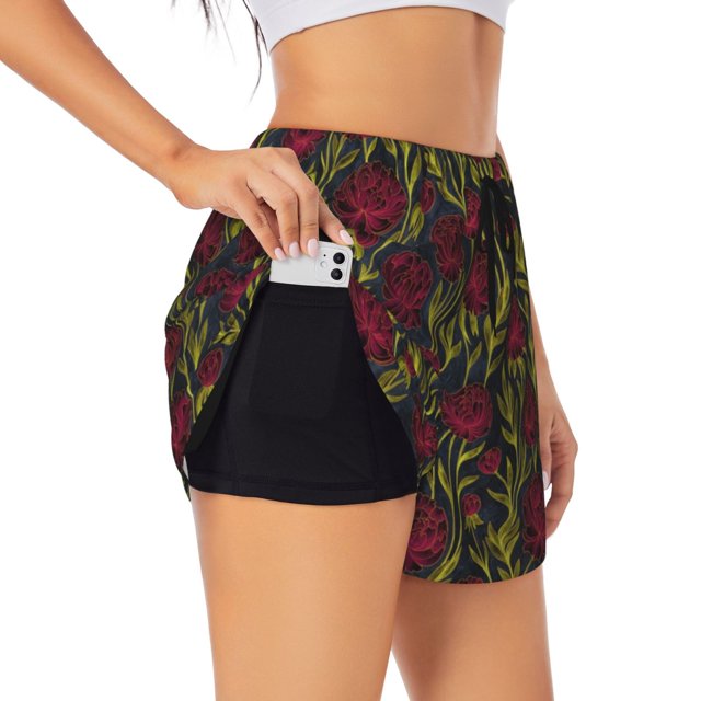 Balery Burgundy Peony Flowers Pantalones cortos deportivos para mujer con forro y dos bolsillos, elásticos, para entrenamiento, gimnasio, yoga-X-Large