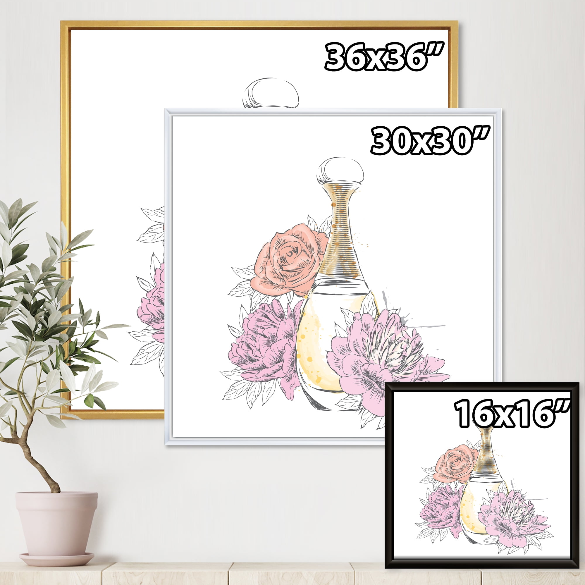 Designart 'Bouquet of Flowers and Perfume Bottle I' Traditional Framed Canvas Wall Art Print