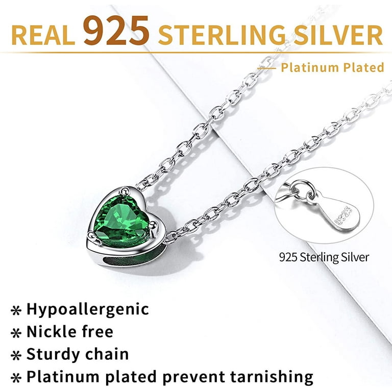 ChicSilver Women May Birthstone Necklace 925 Sterling Silver Small Dark Green Crystal Emerald Pendant Heart Pendant Necklace for Women