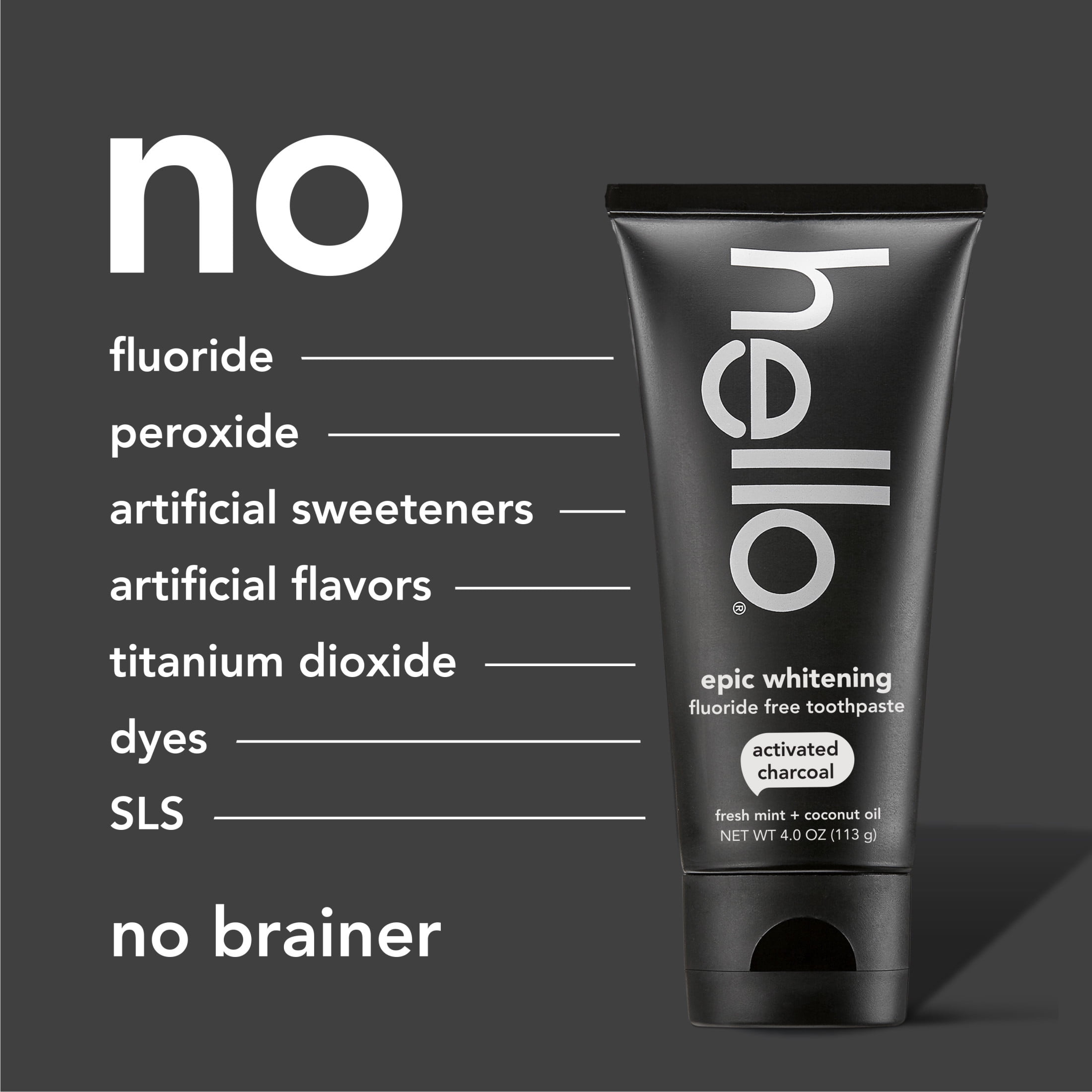 (3 pack) hello Epic Whitening Charcoal Fluoride Free Toothpaste, Fresh Mint, 4.0 Oz Tube