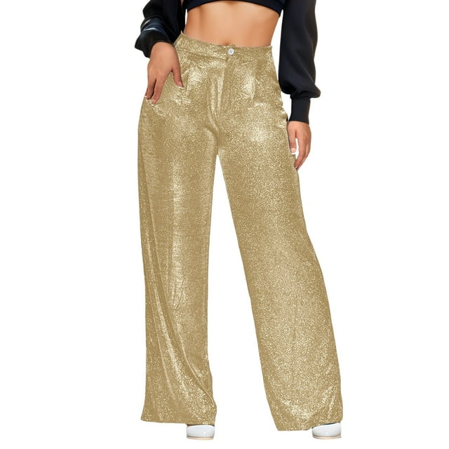 Fgnfyis Pantalon pour Femmes Paillettes Fête Mode Décontractée Taille Haute Rétro Grand Jambe Soirée Or TTG