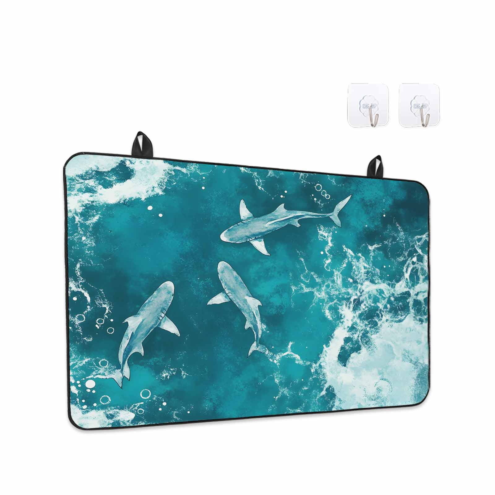 Teal Green Ocean Shark Stove Top Cover for Electric Stove, Heat-proof & Non Slip Glass Top Stove Cover Protector, Coastal Wave Summer Beach Kitchen Flat Cooktop Rubber Mat 24x21 Inches