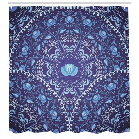 Navy Blue Shower Curtain Circular And Floral Alike Oriental Style