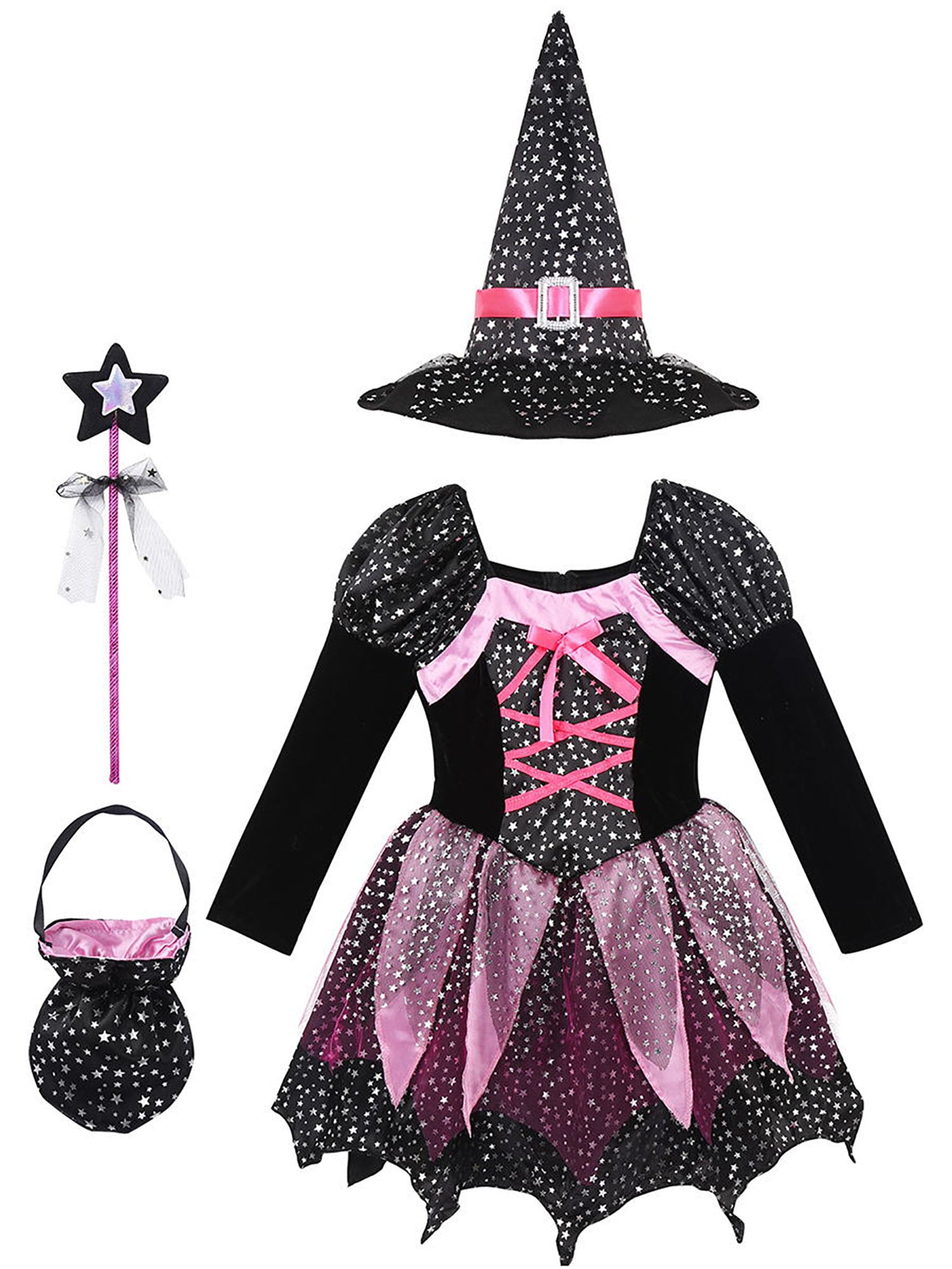 iEFiEL Kids Girls Halloween Witch Costume Outfit Dress with Hat Wand Candy Bag