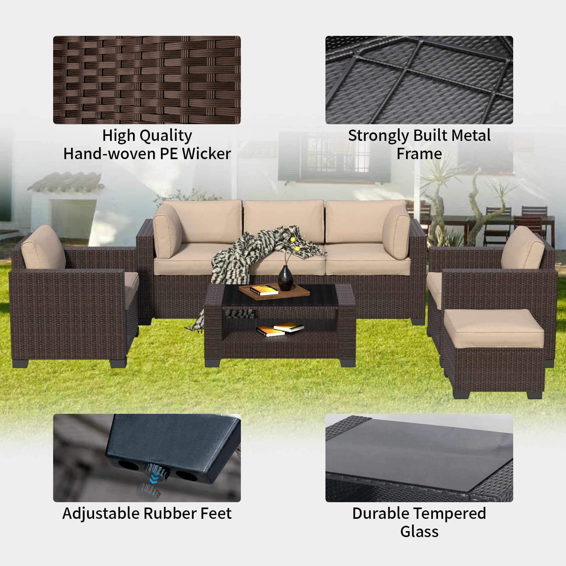 7-Piece Outdoor Sectional Patio Furniture Set, All-Weather Wicker Rattan Sofa with Thick Washable Cushions & Tempered Glass Table, Perfect for Garden, Poolside, Backyard (Beige)