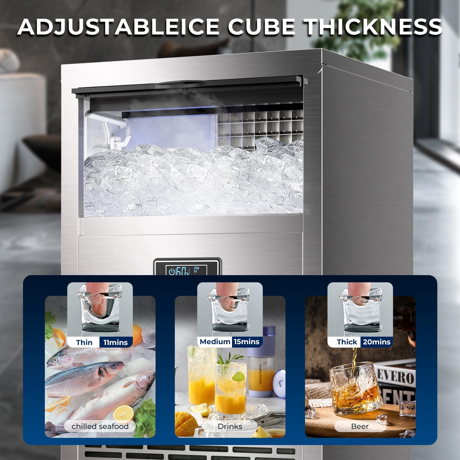 Auseo 100Lbs/24H Commercial Ice Maker, Under Counter Ice Machine with 29lbs Storage Bin, Self-Cleaning & Adjustable Thickness, Stainless Steel