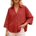 thumbnail image 2 of HOWPAY Button down Shirts for Women Long Sleeve Solid Color Basic Collared Blouses Oversized Stretch Loose Dressy Casual Fall Outfits Brick Red S, 2 of 4