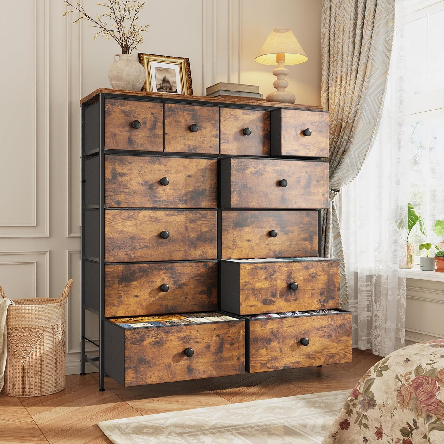 Dresser for Bedroom Tall Dresser with 12 Drawers Fabric Dressers & Chests of Drawers, Bedroom Dresser with Metal Frame, Wood Top, Entryway Living Room Closet, Rustic Brown