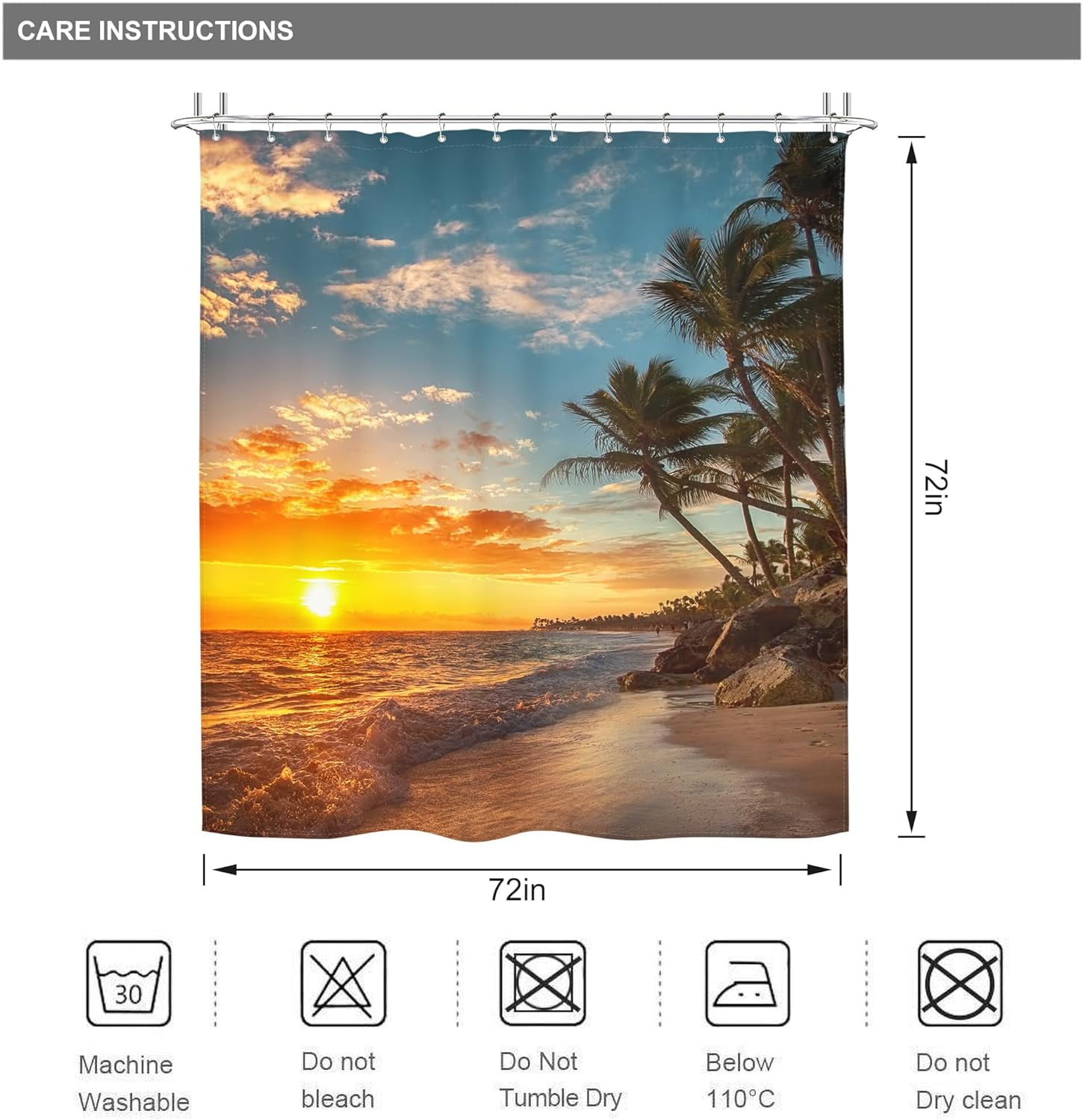 Hawaiian Coastal Beach Shower Curtain Tropical Palm Tree Hawaii Sunset Sunrise Sea Ocean Wave 72Wx72H Inch Seaside Landscape Nature Fabric Decor Bathroom Polyester Waterproof 12 Pack Hooks