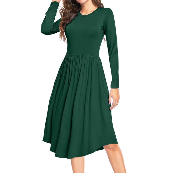 MLANM Women Long Sleeve Polka Dot Casual Modest Work Midi Knee Length Dress with Pocket, XL Dark Green