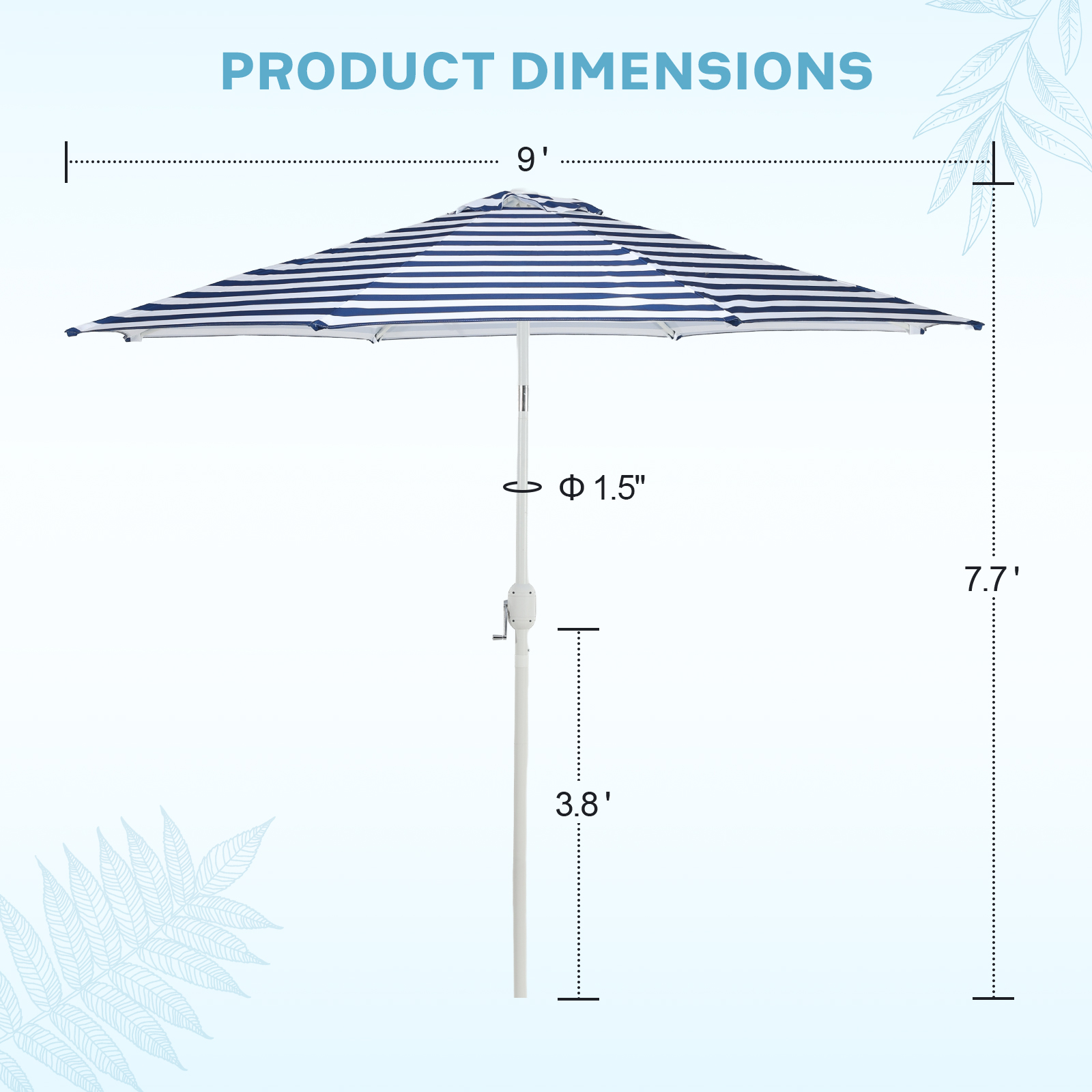 Aoodor 9FT Outdoor Patio Umbrella, Market Table Umbrella with 8 Steel Ribs and Push Button Tilt Crank, Dark Blue and White