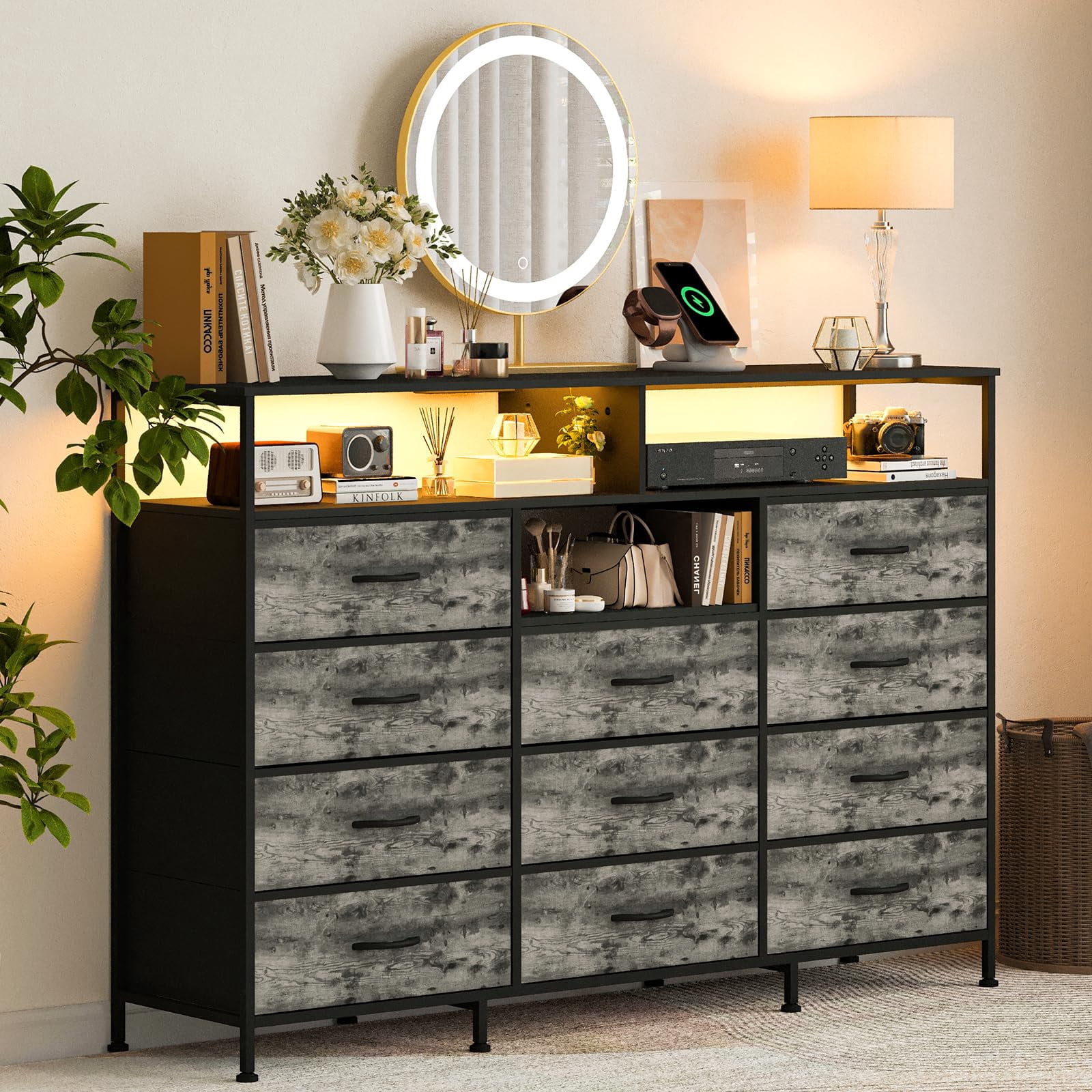 Kicctian 11 Drawers Dresser for Bedroom with LED Lights & Charging Station,Dresesr Chests of Drawers with Open Shelves,Gray