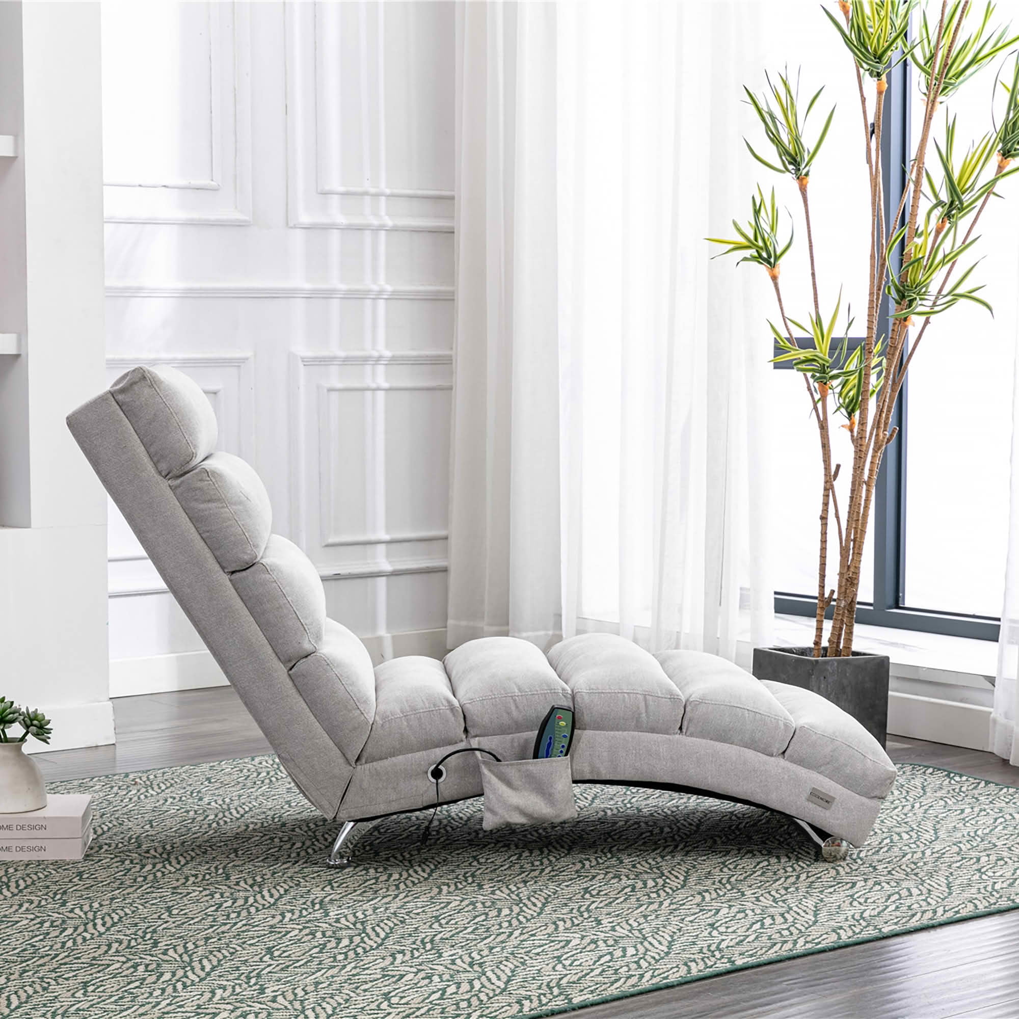 MAYEERTY Vibrating Upholstered Chaise Lounge Chair, Ergonomic Fixed Back Fabric Recliner Sofa with Side Pocket Remote Control for Living Room Bedroom