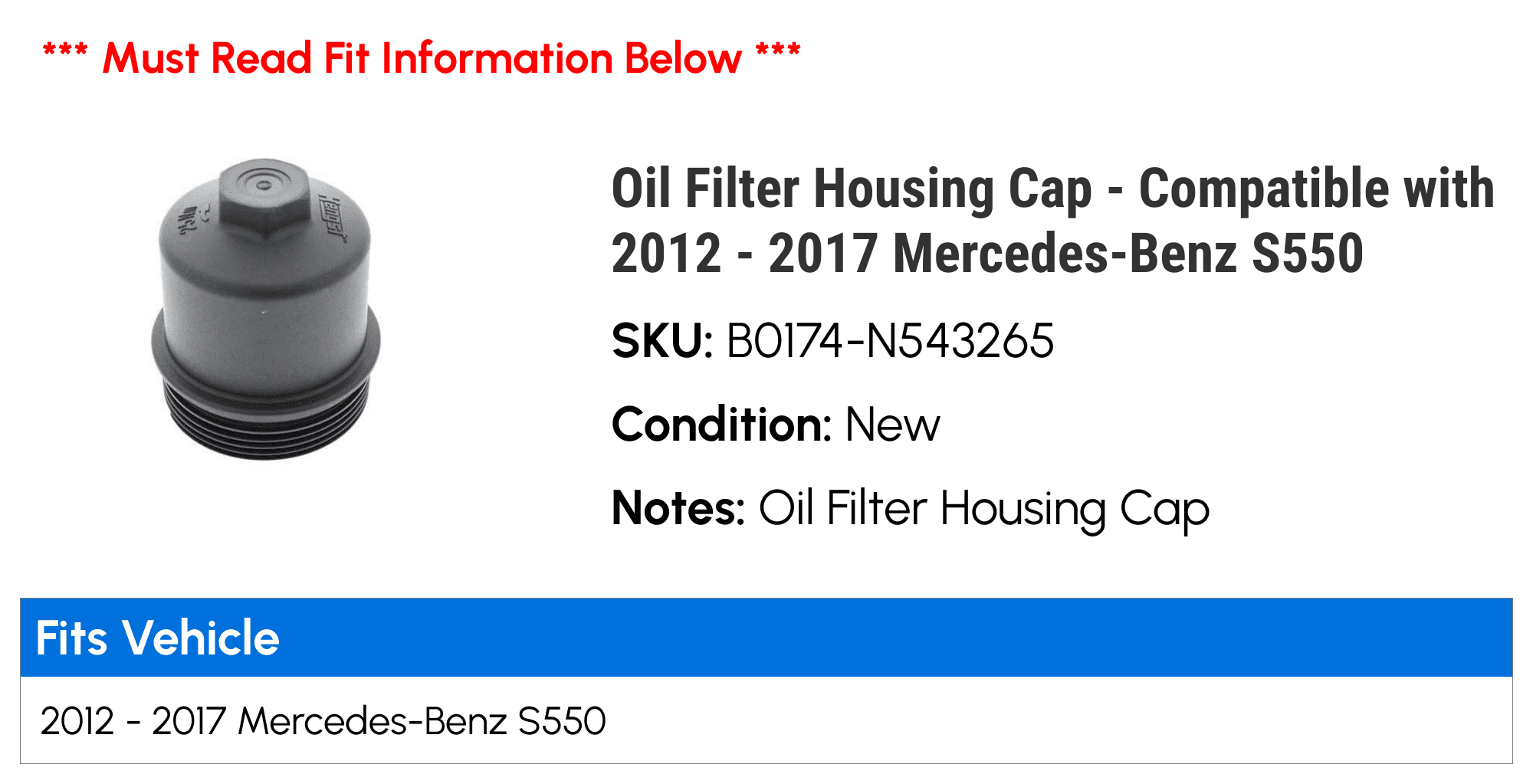 Oil Filter Housing Cap - Compatible with 2012 - 2017 Mercedes-Benz S550 2013 2014 2015 2016