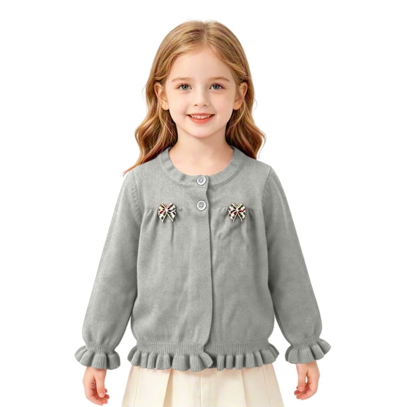 EnJoCho Toddler Girls Knit Cardigan Girls Ruffled Hem Bow Open Front Sweater Jacket Kids Long Sleeve Button Cute Clothes Tops Cable Knit Girls Sweater Fall